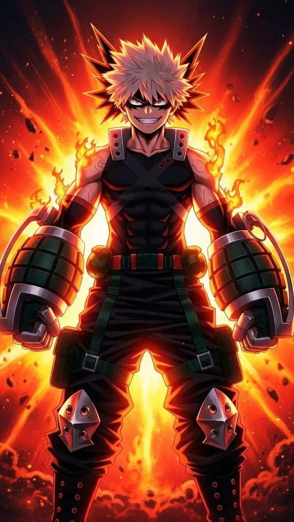 Ảnh bìa Bakugo đứng chính diện với đôi găng lựu đạn to bản, nền lửa rực sau lưng làm dáng đứng càng thêm dữ và nổi