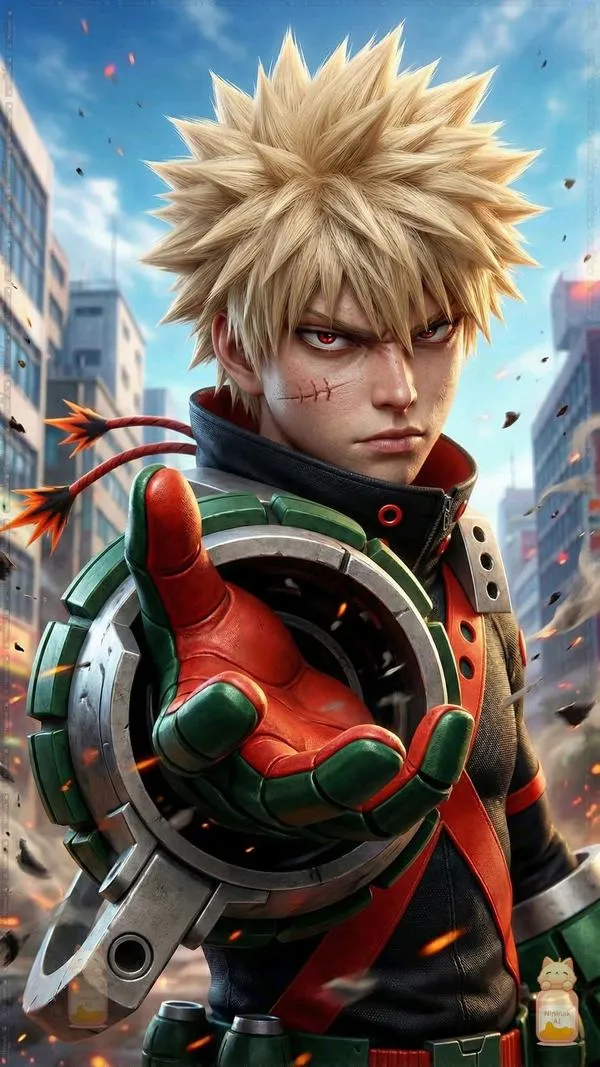 Ảnh avatar Katsuki Bakugo nhìn thẳng với vẻ mặt lì lợm, bộ giáp xanh đen ôm vai nổi bật dưới nền trời thành phố xanh sáng