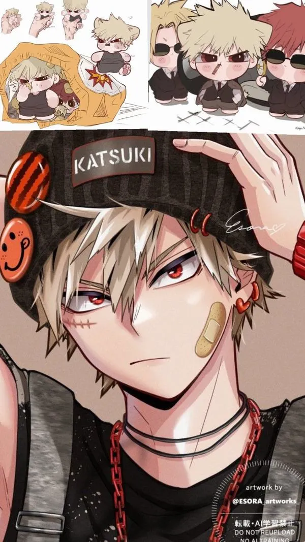Bakugo đứng trước tủ mô hình nhỏ với mũ lưỡi trai và áo khoác tối, gương mặt bình thản khác hẳn vẻ bùng nổ quen thuộc