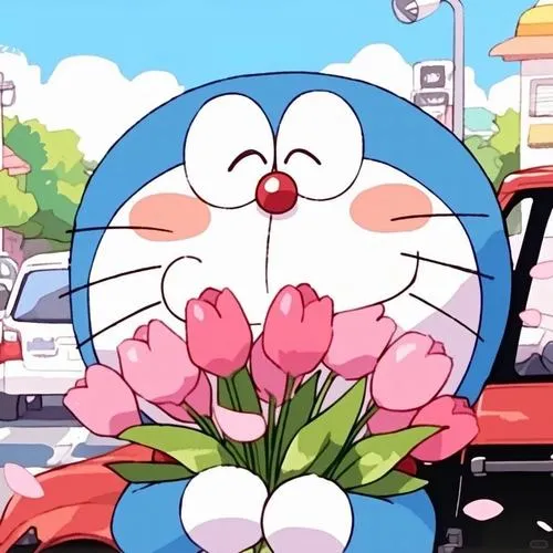 Doraemon ôm trọn bó hoa tulip hồng rực rỡ trước ngực với những giọt nước mắt hạnh phúc lăn dài trên má trong một khung cảnh ngập tràn ánh nắng ấm áp.