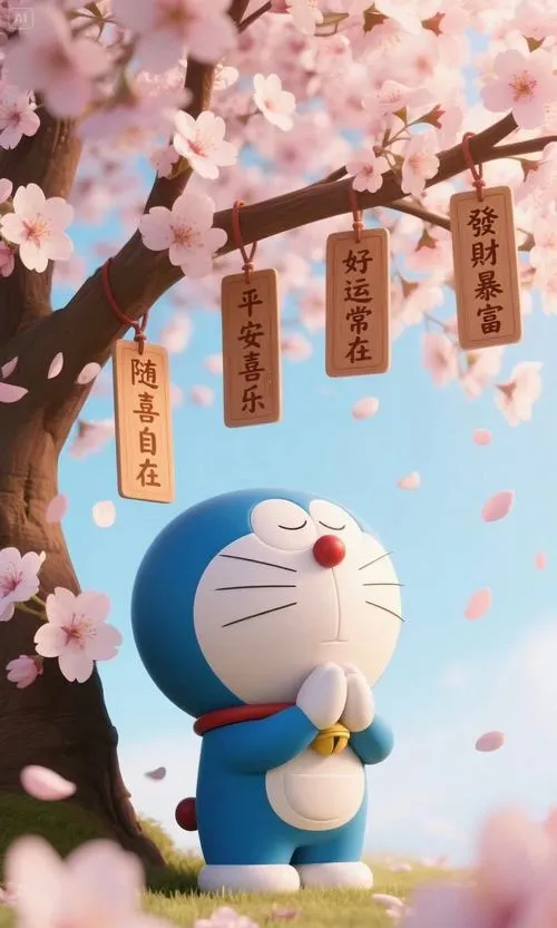 Hình nền máy tính khắc họa hình ảnh Doraemon cách điệu đứng cô đơn nhưng bình thản dưới tán cây anh đào treo đầy những mảnh giấy ước nguyện mang sắc màu thơ mộng.