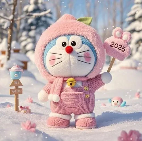 Tranh Doraemon tự vẽ mang phong cách mùa đông độc đáo với bộ trang phục bông màu hồng phấn dày dặn kèm chiếc mũ trùm tai thỏ trông cực kỳ ngộ nghĩnh.