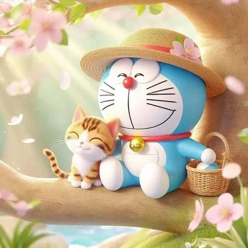 Bức họa mang phong cách màu nước mềm mại vẽ chú mèo máy ngồi vắt vẻo trên cành cây hoa đào nở rộ cùng một chú mèo con tinh nghịch thật hài hòa.