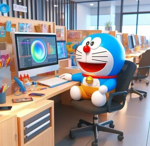 Hình ảnh Doraemon tự chế trong vai một nhân viên văn phòng chuyên nghiệp đang tập trung làm việc trước màn hình máy tính lớn giữa không gian công sở hiện đại.