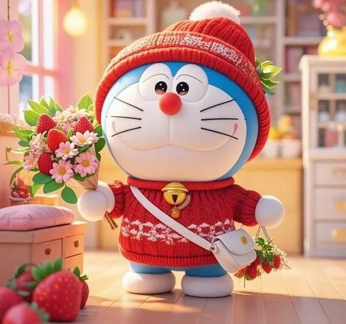 Hình đại diện chụp góc chính diện chú mèo máy mặc áo khoác len đỏ dày dặn ôm bó hồng nhung thắm thiết giữa căn phòng ngập tràn không khí Giáng sinh ấm cúng.