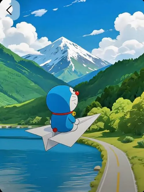 Tác phẩm hội họa Doraemon tự do mô tả nhân vật đứng trên chiếc máy bay giấy khổng lồ lướt qua thung lũng hướng về dãy núi tuyết hùng vĩ.