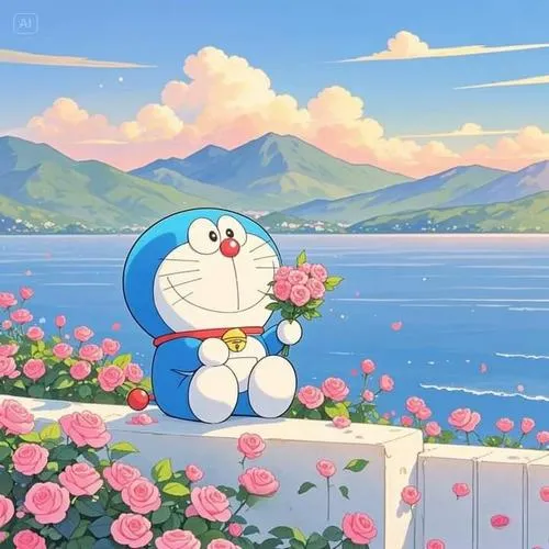 Chú mèo máy đứng tựa vào thành cầu đá ngắm nhìn mặt hồ phẳng lặng lúc hoàng hôn buông xuống bên những khóm hồng leo nở hoa đầy lãng mạn.