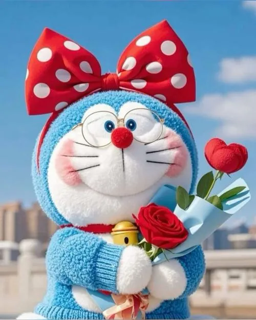 Cô em gái Dorami điệu đà cài chiếc nơ đỏ chấm bi trắng lớn trên đầu đang mỉm cười e ấp khi ôm bó hoa hồng đỏ thắm trông rất đáng yêu.