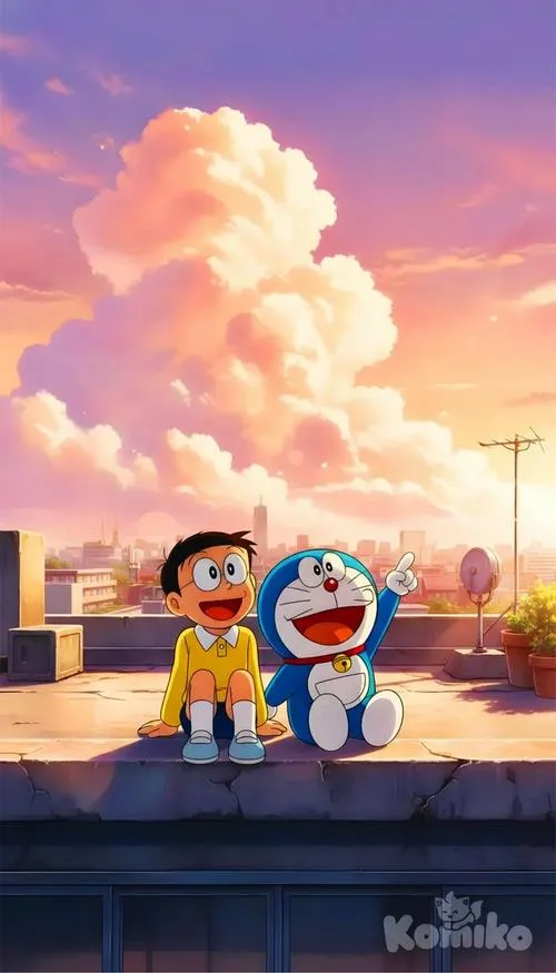 Ảnh bìa tái hiện khoảnh khắc thiêng liêng khi Nobita cùng người bạn thân thiết đứng bên nhau lặng yên ngắm nhìn những đám mây ngũ sắc khổng lồ rực sáng lúc hoàng hôn choáng ngợp.