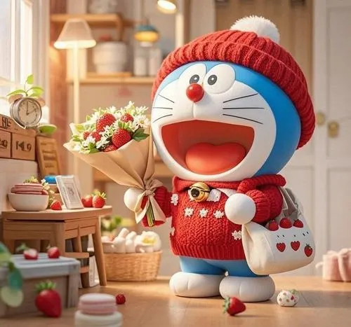 Nét họa Doraemon từ người hâm mộ mang đến góc phòng đầy ắp đồ chơi nơi chú mèo máy diện đồ len đỏ rực ôm hộp quà đón Giáng sinh thật hân hoan.