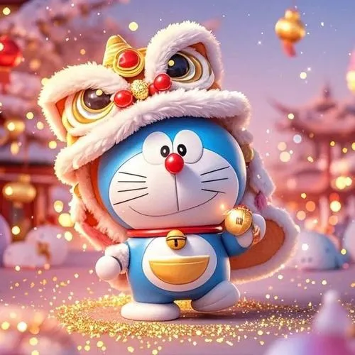 Bức ảnh Doraemon fanart tái hiện khoảnh khắc nhân vật đội chiếc đầu lân truyền thống đón Tết với nụ cười hân hoan rạng rỡ vô cùng sống động.