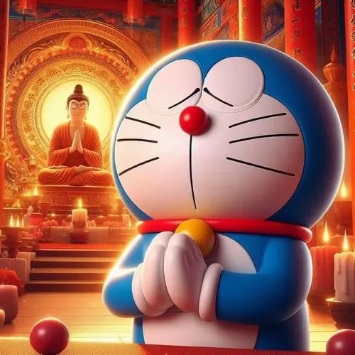 Tác phẩm họa lại Doraemon thành kính chắp tay cầu nguyện trước bức tượng Phật vàng uy nghiêm giữa không gian tâm linh tỏa ra luồng ánh sáng linh thiêng.