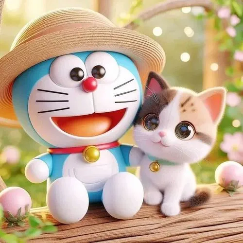 Chú mèo máy đeo chiếc vòng cổ chuông vàng quen thuộc ngồi cạnh một chú mèo tam thể nhỏ nhắn bên hàng cây xanh mướt mát trông rất thân thiết.