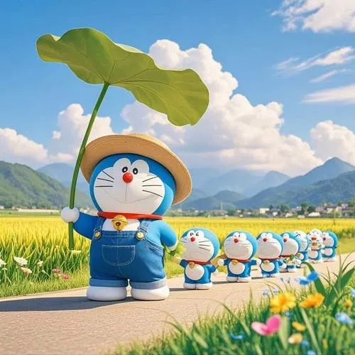Nét vẽ sáng tạo về Doraemon đội mũ nan tre che chiếc lá sen to bản đi đầu dẫn đường cho đàn em nhỏ phía sau trên đồng lúa trù phú.