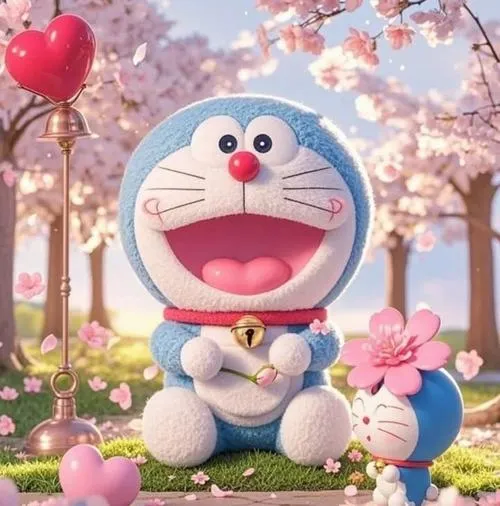 Ảnh avatar ghi lại nụ cười sảng khoái của chú mèo máy khi ngồi tựa lưng vào gốc cây hoa anh đào đang bung nở những cánh hoa màu hồng tươi thắm.