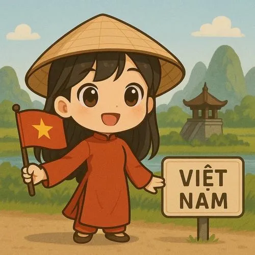 Người lính tí hon đeo ba lô cầm cờ giữa con đường treo cờ, góc nhìn thấp khiến bước chân nhỏ thêm hào hứng