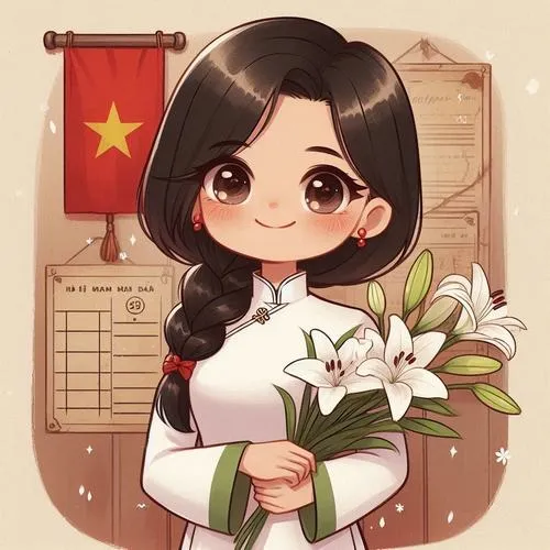 Cô bé tóc ngắn mặc áo dài trắng ôm loa kèn bên tờ lịch cũ, gương mặt tròn tạo cảm giác hoài niệm dễ mến