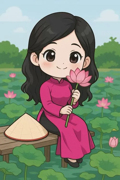 Hình nền máy tính cô gái áo tím ngồi bên hồ sen xanh, nón lá đặt cạnh người và ánh nhìn hiền khiến cảnh rất bình yên