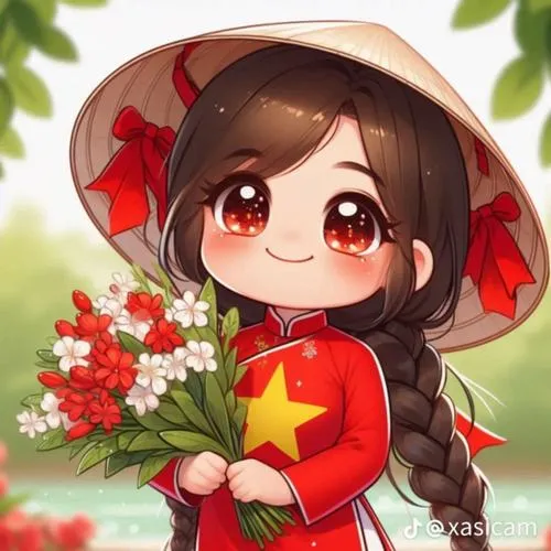 Cô bé đội nón lá mặc áo đỏ ôm bó hoa nhỏ, đôi mắt nâu to và nền lá xanh tạo sắc thái tươi tắn