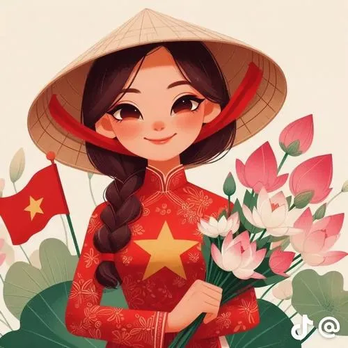 Thiếu nữ áo đỏ sao vàng đứng cạnh cờ và hoa sen, nụ cười mỉm cùng má hồng làm khung hình ngày lễ rất duyên