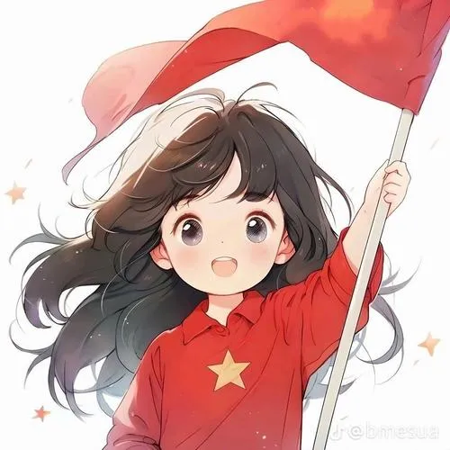 Cô bé áo đỏ giơ cao lá cờ lớn trong gió, mái tóc bay và nền trắng hồng khiến khoảnh khắc thật nhẹ