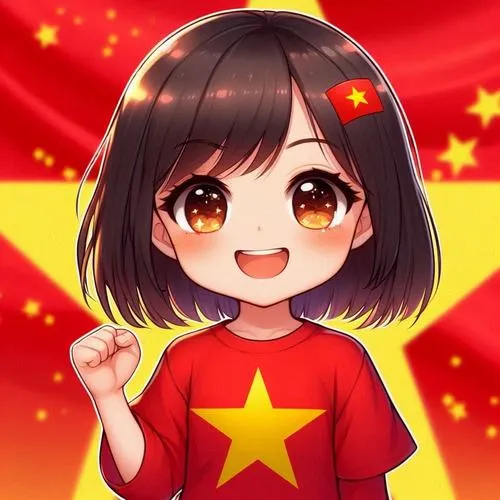 Ảnh avatar bé gái tóc ngắn mặc áo đỏ sao vàng đứng trước nền cờ rực rỡ, nắm tay vui vẻ và ánh mắt sáng