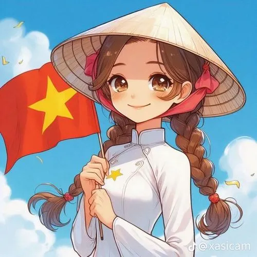 Thiếu nữ đội nón lá cầm cờ đỏ giữa bầu trời xanh, áo dài trắng và bím tóc nâu làm tranh vẽ hoạt hình ngày lễ thật trong