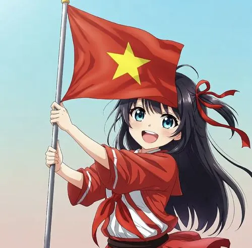 Hình nền điện thoại cậu bé cầm hoa hướng dương cạnh dải ruy băng đỏ, phông nền trời xanh làm bố cục ngày hội thêm sáng
