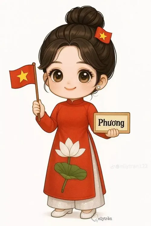 Cô bé đội nón lá ôm bó hoa sen bên ngôi sao năm cánh, nét vẽ tròn trịa làm ảnh hoạt hình ngày lễ rất mềm