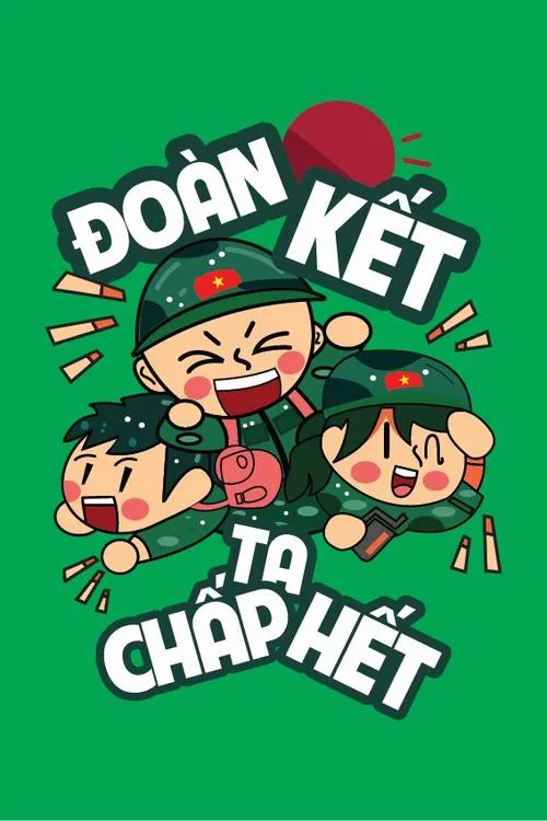 Nhóm nhân vật nhí áo xanh ôm nhau dưới chữ đoàn kết, nét vẽ mập mạp và nền xanh khiến tinh thần cộng đồng hiện rõ