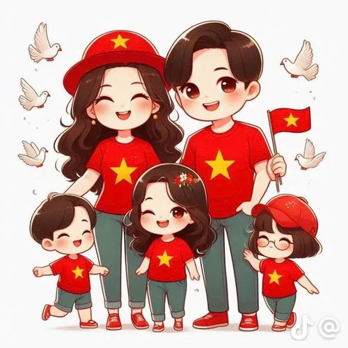 Hình ảnh gia đình nhỏ mặc áo đỏ sao vàng vẫy cờ và thả bồ câu, biểu cảm tươi tắn gợi niềm vui sum họp ngày lễ