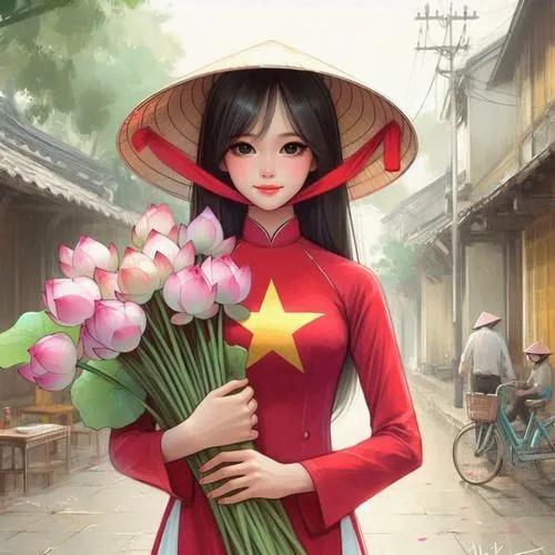 Cô gái áo dài đỏ đội nón lá ôm hoa sen giữa phố cũ, ánh mắt nhẹ và tông màu xám hồng tạo chiều sâu hoài niệm