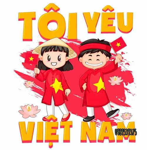 Hai em bé áo đỏ đứng dưới chữ tôi yêu Việt Nam, hoa sen và dải màu vàng đỏ làm bố cục poster thêm rộn ràng