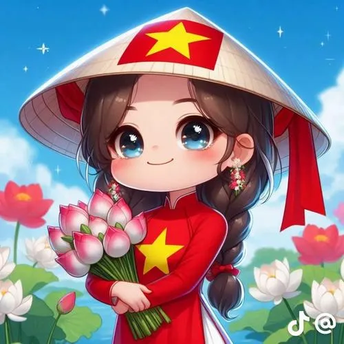 Bé gái mắt to đội nón lá ôm bó sen trắng trên nền trời xanh, gam đỏ vàng làm ảnh chibi 30/4 2/9 rất nổi bật
