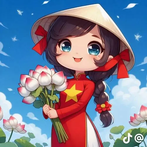 Ảnh sticker cô bé áo đỏ đội nón lá cầm hoa sen, đôi mắt tròn long lanh và nền xanh tạo cảm giác ngọt ngào