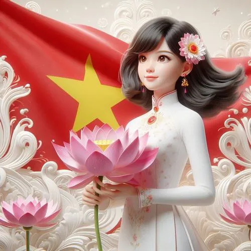 Thiếu nữ áo dài trắng ôm hoa sen trước lá cờ đỏ sao vàng, mái tóc bay nhẹ làm tranh có nét mềm và sáng