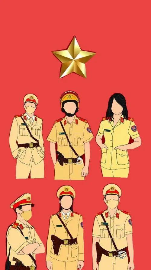 Dàn nhân vật mặc quân phục và áo dài đứng dưới ngôi sao vàng, nền đỏ phẳng khiến hình vẽ quốc khánh dễ thương nổi bật