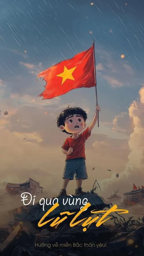 Cậu bé giơ cao cờ tổ quốc trên nền trời chiều xanh cam, dáng đứng nhỏ xíu làm ảnh cổ động đáng yêu thêm xúc động