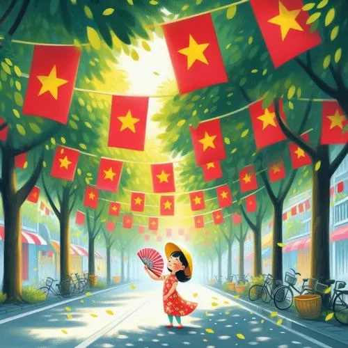 Hình đại diện em bé chạy dưới hàng cờ đỏ sao vàng treo kín phố, ánh sáng xanh vàng tạo nhịp lễ hội thật vui
