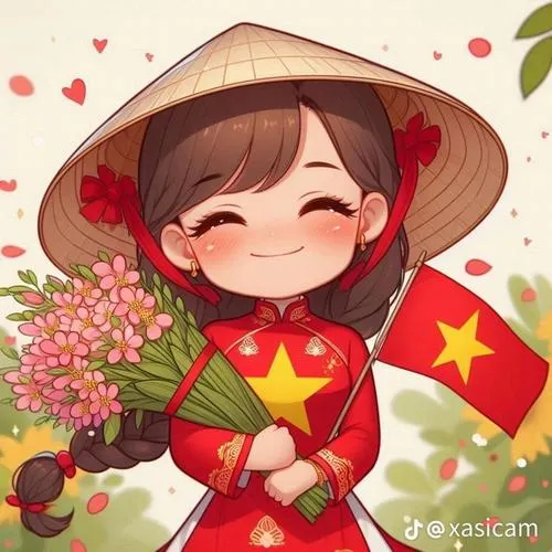 Cô bé áo đỏ đội nón lá ôm bó hoa hồng, đôi mắt nhắm cười rạng rỡ bên những trái tim nhỏ xinh