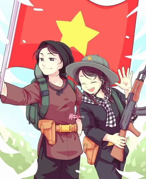 Hai nhân vật hoạt họa mặc trang phục chiến sĩ đứng trước lá cờ lớn, nụ cười tự tin gợi tinh thần đoàn kết trẻ trung