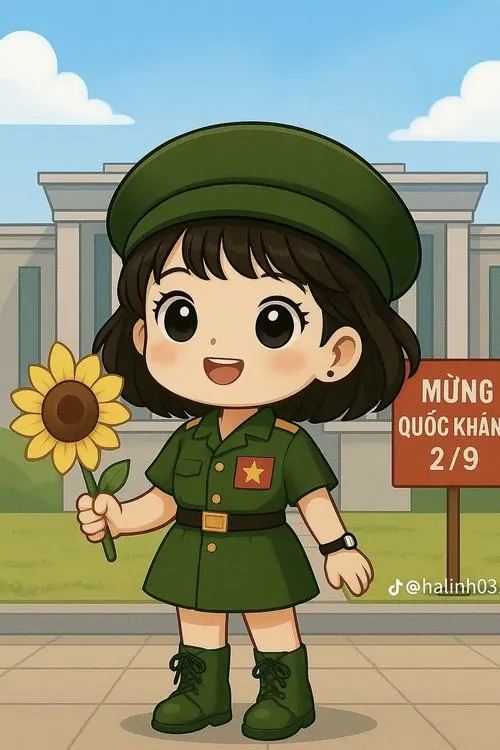 Ảnh bìa bé gái mặc quân phục xanh đứng trước quảng trường, tay cầm hoa hướng dương và nền chữ mừng quốc khánh rất rõ