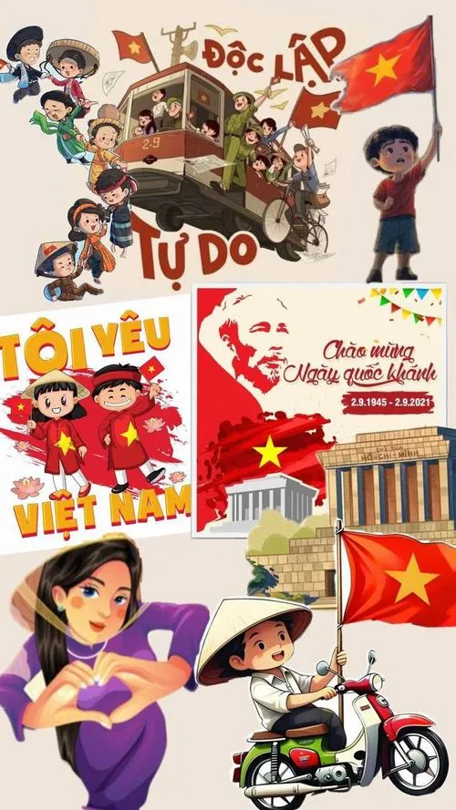 Poster hoạt hình ghép nhiều nhân vật nhí cầm cờ đỏ sao vàng, nét vẽ rộn ràng như góc cổ động nhỏ cho ngày độc lập