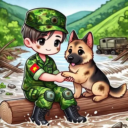 Cậu bé mặc quân phục xanh ngồi cạnh chú chó bên suối núi, ánh mắt trong veo làm tranh đồ họa người lính dễ thương thêm gần gũi
