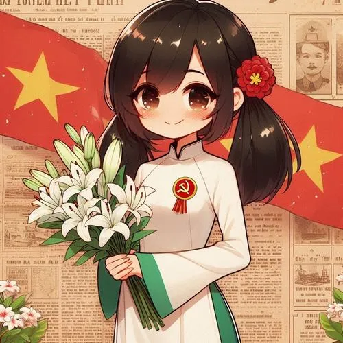 Thiếu nữ áo dài trắng ôm bó loa kèn trước nền cờ đỏ, tóc buộc hai bên và nụ cười hiền tạo cảm giác trang trọng