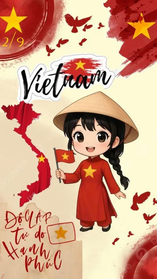 Ảnh avatar bé gái đội nón lá đứng giữa bản đồ Việt Nam đỏ rực, bố cục dọc sáng màu gợi hình minh họa ngày quốc khánh