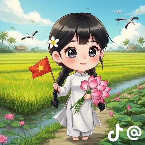 Em bé áo dài trắng cầm cờ nhỏ bước giữa đồng xanh và hoa sen, đôi mắt tròn sáng làm không khí lễ hội mềm mại hơn