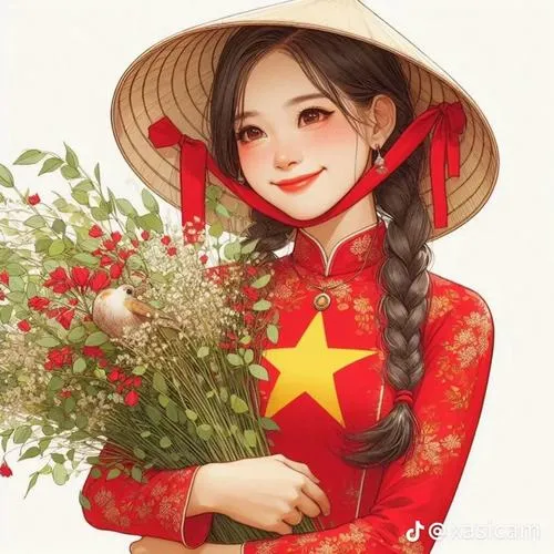 Cô gái mặc áo dài đỏ sao vàng ôm bó hoa trắng dưới vành nón lá, góc nhìn chính diện tôn nét dịu dàng ngày hội