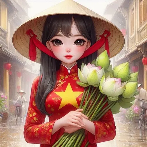 Thiếu nữ áo dài đỏ cầm sen hồng trong khung phố sáng, mái tóc đen dài và ánh mắt trong trẻo tạo cảm giác nhẹ nhàng