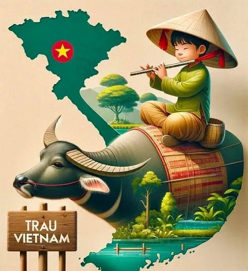 Hình nền điện thoại bản đồ Việt Nam xanh có người gánh hàng, trâu nước và bảng gỗ nhỏ, màu sắc dân gian rất ấm